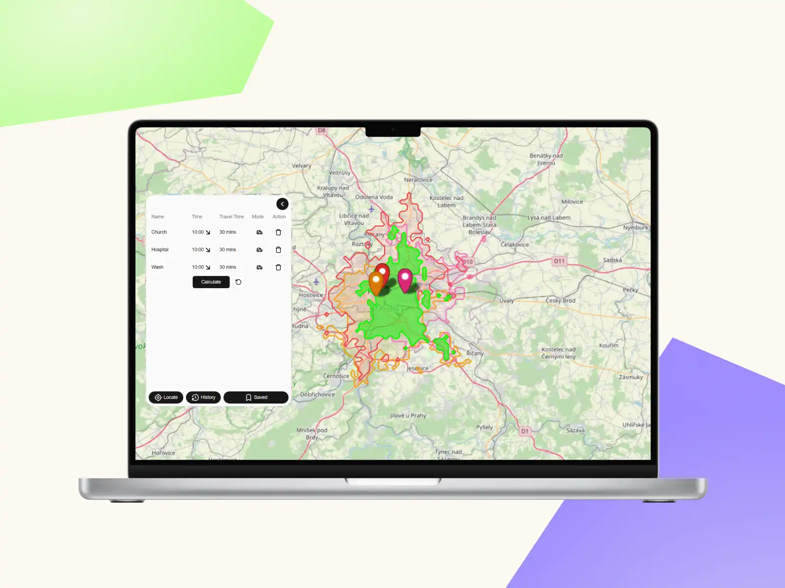 Travelpoint isochrone map showing overlapping travel time zones from different starting points
